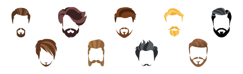 Man Hairstyle and Stylish Type on Beard Vector Set