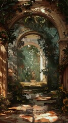 Fototapeta na wymiar A painting of a garden with a fountain