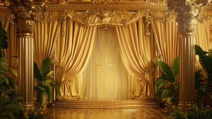 A stage with a gold curtain and columns - obrazy, fototapety, plakaty