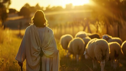 Jesus Christ Leading Sheep and Praying to God in Field Bright Sunlight. Sunset, Sky, People,...