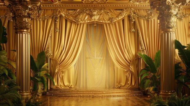 A stage with a gold curtain and columns