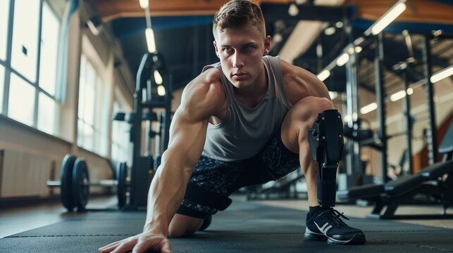 A physically fit young man with a prosthetic leg is warming up before his workout routine, with a