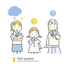 考える女の子たち　シンプルでお洒落な線画イラスト