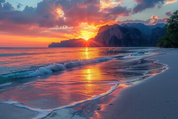 The sky is painted with hues of orange and pink as the sun sets over the ocean, casting a warm glow on the crashing waves and sandy beach - obrazy, fototapety, plakaty