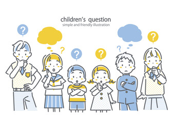 考える子供たち　シンプルでお洒落な線画イラスト