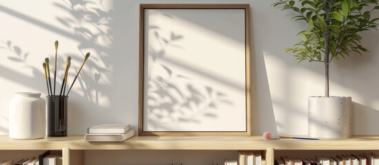 Mockup of a poster frame displayed on a bookshelf alongside books and brushes under natural sunlight.
