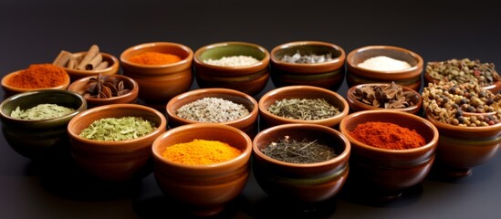 A variety of spices are stored in bowls, essential ingredients for creating flavorful dishes in various cuisines. These plantbased seasonings enhance the art of cooking comfort food
