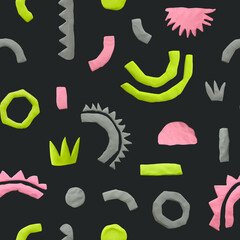 Seamless black background. Plasticine gray and pink, green geometric shapes. Handmade modeling clay.