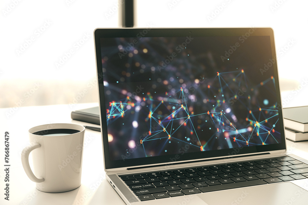 Poster Creative abstract technology sketch on modern laptop monitor, future technology and AI concept. 3D Rendering