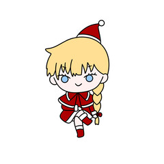 A cartoon girl in a red dress with a red hat and a red ribbon around her neck. She is smiling and she is happy