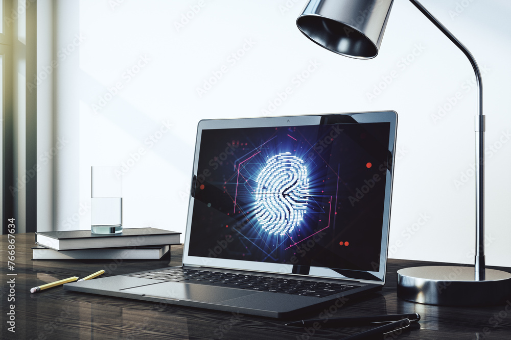 Poster Modern computer monitor with abstract creative fingerprint hologram, research and development concept. 3D Rendering