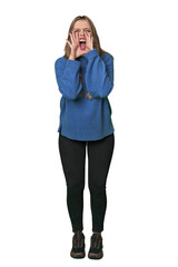 Fototapeta premium Studio portrait of a blonde Caucasian woman shouting excited to front.