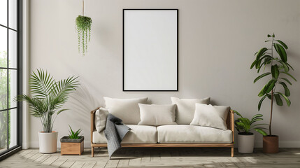 Modern minimalist interior with empty poster frame mockup