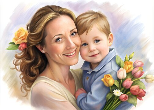 watercolor painting of happy mom holding his son on mothers day celebration