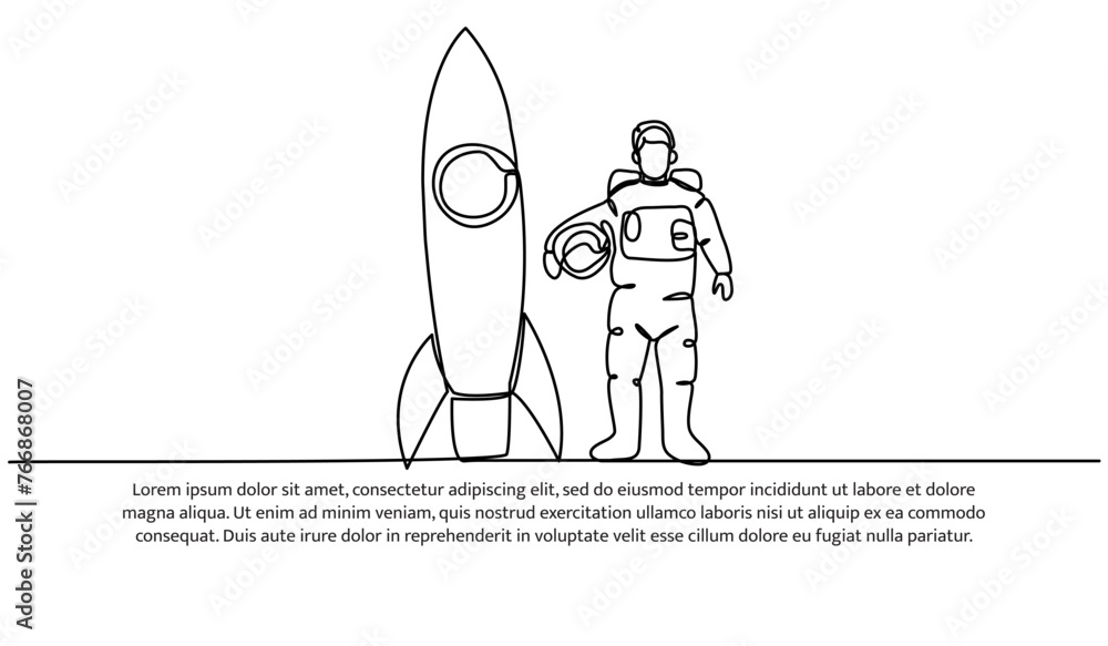 Poster continuous line design of spaceman and rocket concept design. decorative elements drawn on a white b