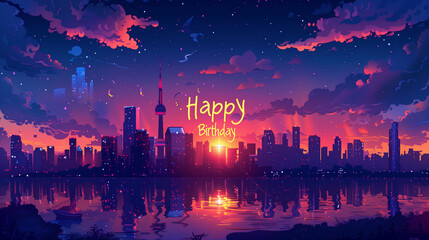 Vibrant sunset skyline birthday card
