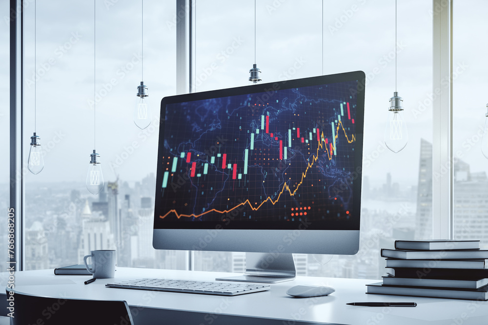 Aufkleber abstract creative financial graph with world map on modern laptop screen, forex and investment conce