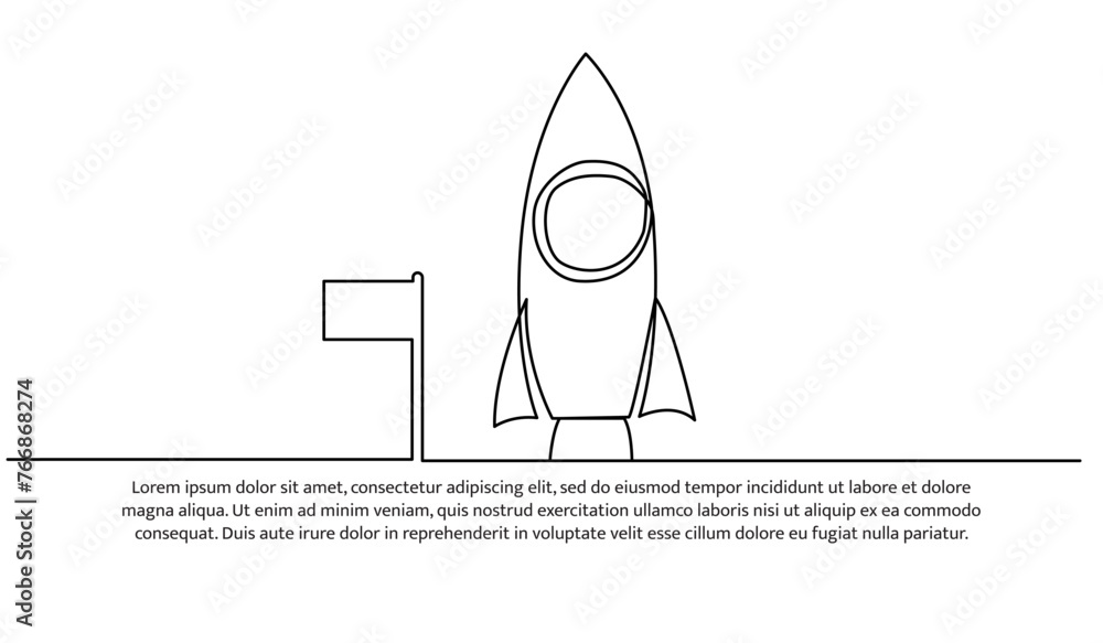Poster continuous line design of rocket and flag concept design. decorative elements drawn on a white backg