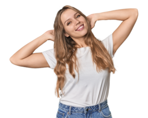 Studio portrait of a blonde Caucasian woman stretching arms, relaxed position.