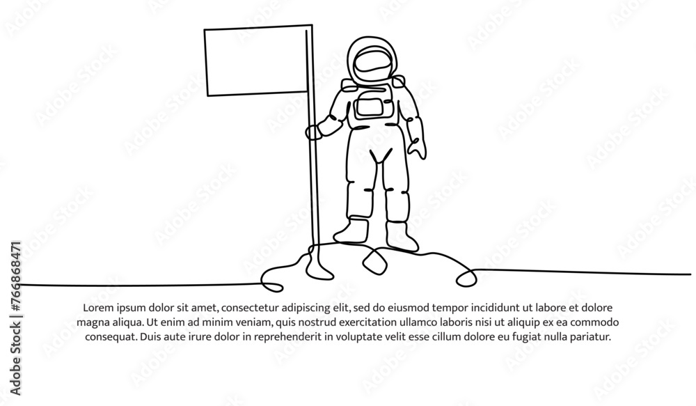 Poster continuous line design of spaceman holding a flag concept design. decorative elements drawn on a whi