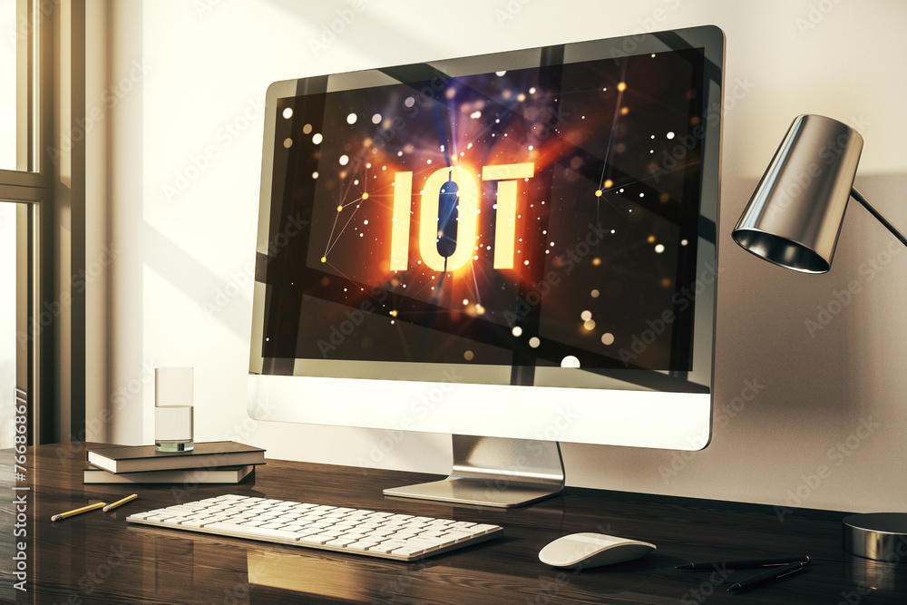 Fototapete modern computer monitor with creative iot hologram, research and development concept. 3d rendering