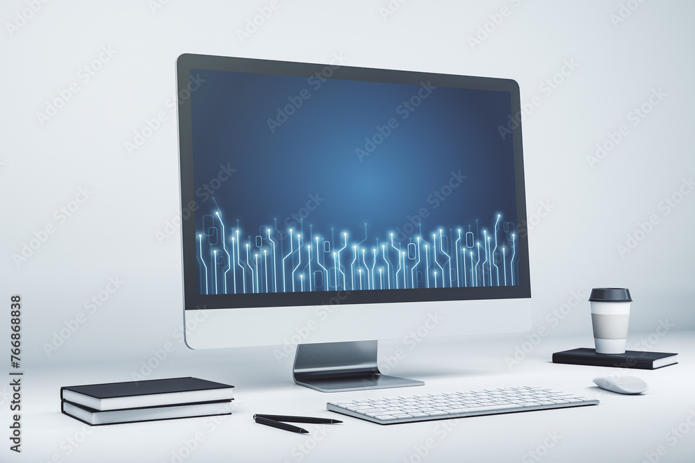 Aufkleber Creative abstract micro chip hologram on modern computer monitor, artificial intelligence and machine learning concept. 3D Rendering