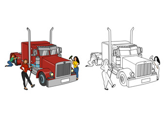The illustration of three beautiful women washing a semi-trailer truck vector cartoon