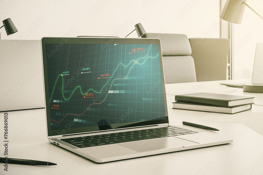 Fototapete abstract creative stats data concept on modern laptop screen. 3d rendering
