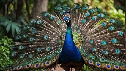 Obraz premium A majestic peacock displaying its colorful feathers in a lush, springtime botanical garden