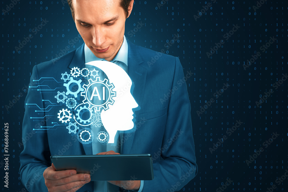 Aufkleber attractive young businessman using tablet with creative head outline and cogs ai hologram on dark bl