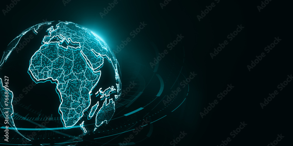 Poster Creative glowing futuristic blue globe hologram on blurry background with mock up place. Digital innovation and technology concept. 3D Rendering.