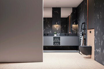 Elegant bathroom interior with a dark modern design and minimalist decor. 3D Rendering