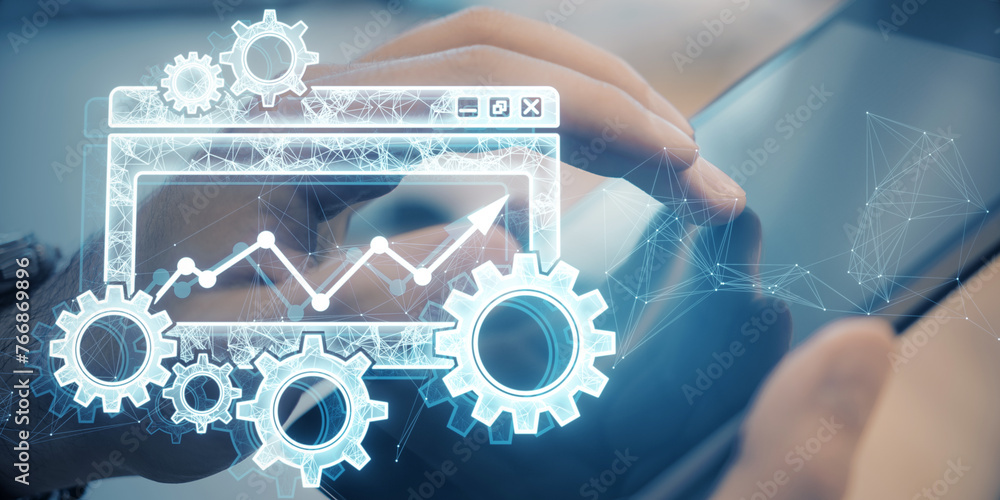 Fototapete hands using tablet with digital folder with cogs, mesh and arrows on blurry backdrop. Project Management icon, data management, folder, project goals, task management concept. 3D Rendering.