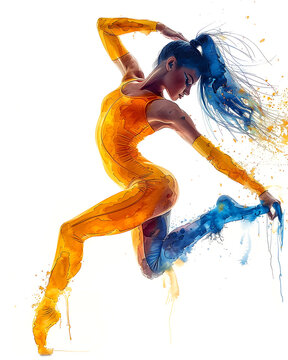 Watercolor image of a girl rhythmic gymnastics athlete. Colorful paints, white background. Abstract vision. The desire to win.