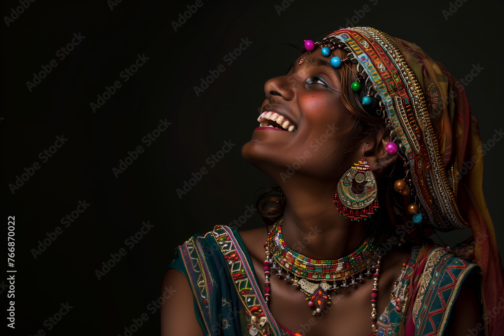 Wall mural Woman in traditional Indian folk clothing and jewelry. She wears a patterned saree with a blouse, necklace, earrings, bangles and traditional bindi