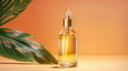 perfume bottle with tropical leaves on orange background, spa concept