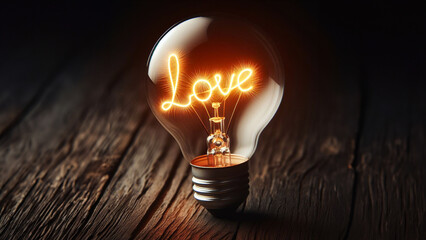 Brilliant Endearment: 'Love' Filament Light Bulb Glows, Exuding Warmth and Sentiments of Adoration - obrazy, fototapety, plakaty