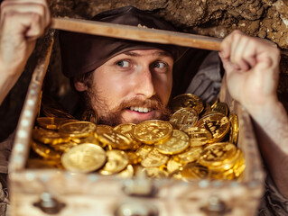 Miner holding a box full of bitcoin coins - 766870056