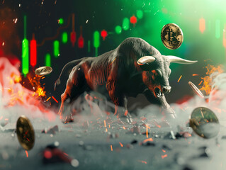 Bull with crypto market chart behind standing next to a Bitcoin coin - 766870057