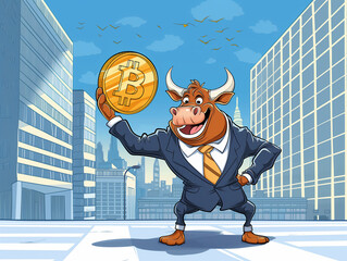 Happy bull dressed in business sutit holding bitcoin coin - 766870066