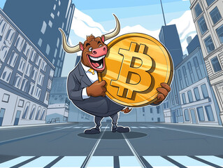 Bull in business suit being happy holding a Bitcoin coin  - 766870072