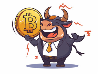 A cartoon happy bull being happy yo hold Bitcoin - 766870076