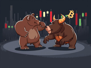 Bull and bear as cartoon characters with market chart behind them - 766870077