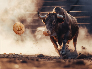 Bull runn8ng towards a Bitcoin coin - 766870089
