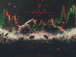 Bull and bear fighting with a market chart behind - 766870091