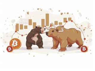 Bear and bull standing face to face in front of a market chart with Bitcoin coins around them - 766870092