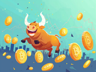 Happy bull character flying between Bitcoin coins - 766870094