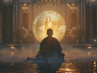 Monk looking at a Bitcoin coin in a temple - 766870208
