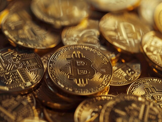 Stack of golden Bitcoin coins - 766870211