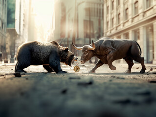 A bear and a bull fighting for a Bitcoin coin in a city - 766870218